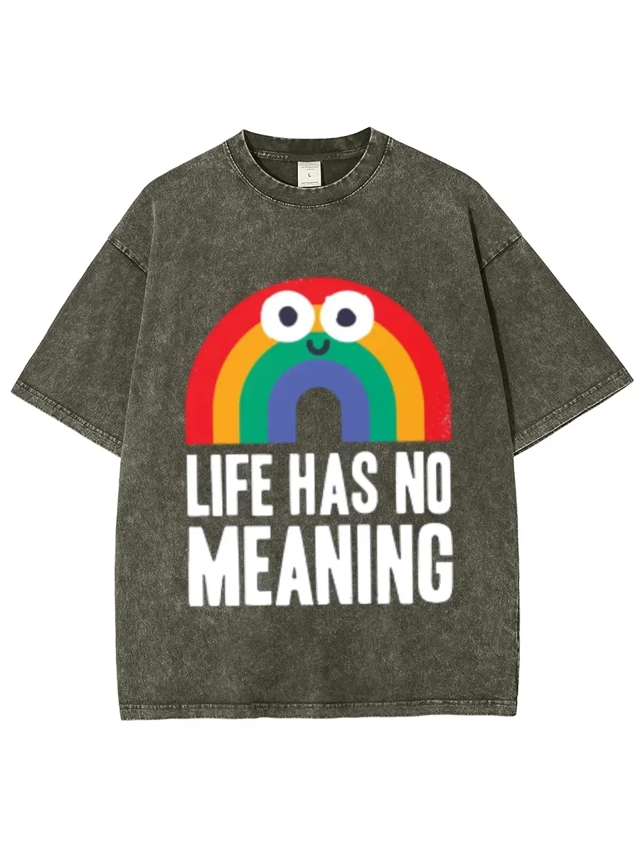 LIFE HAS NO MEANING UNISEX OVERSIZED PRINT VINTAGE WASH DENIM T-SHIRT