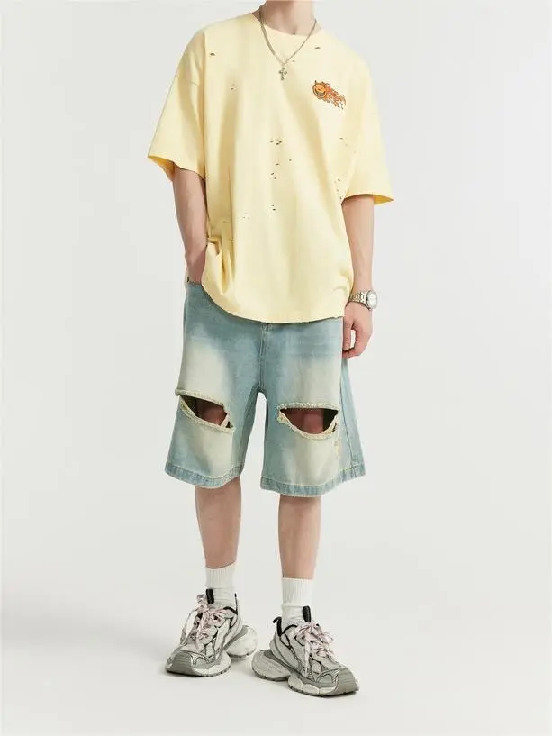 Cracked And Perforated Printed Street Loose Short Sleeves