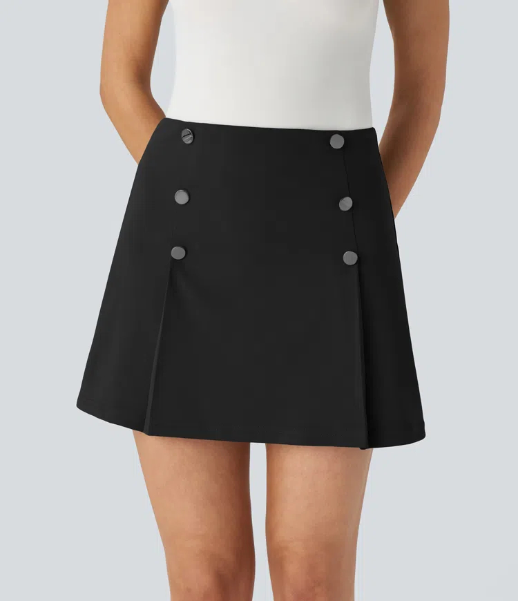 High Waisted Decorative Button 2-in-1 A Line Mini Work Skirt