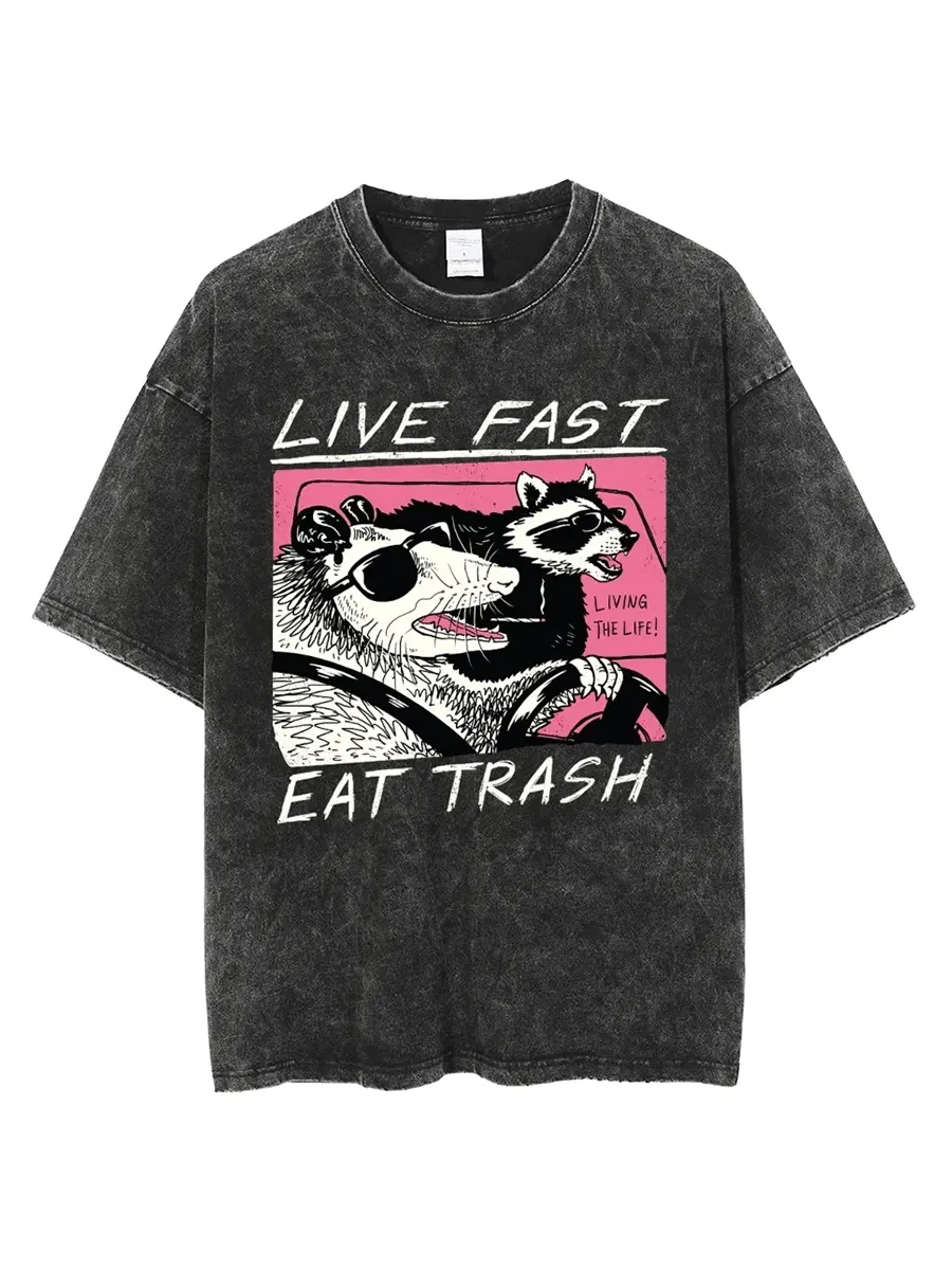 LIVE FAST EAT TRASH UNISEX PRINTED RETRO WASHED SHORT SLEEVED T-SHIRT