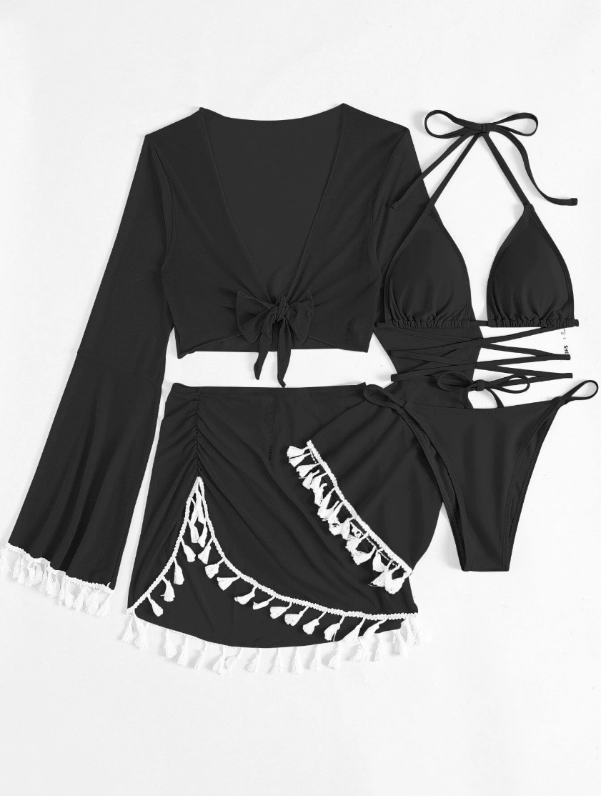 Four-Piece Set Solid Color Tassel Blouse Mesh Skirt Bikini Wholesale Swimsuit For Women