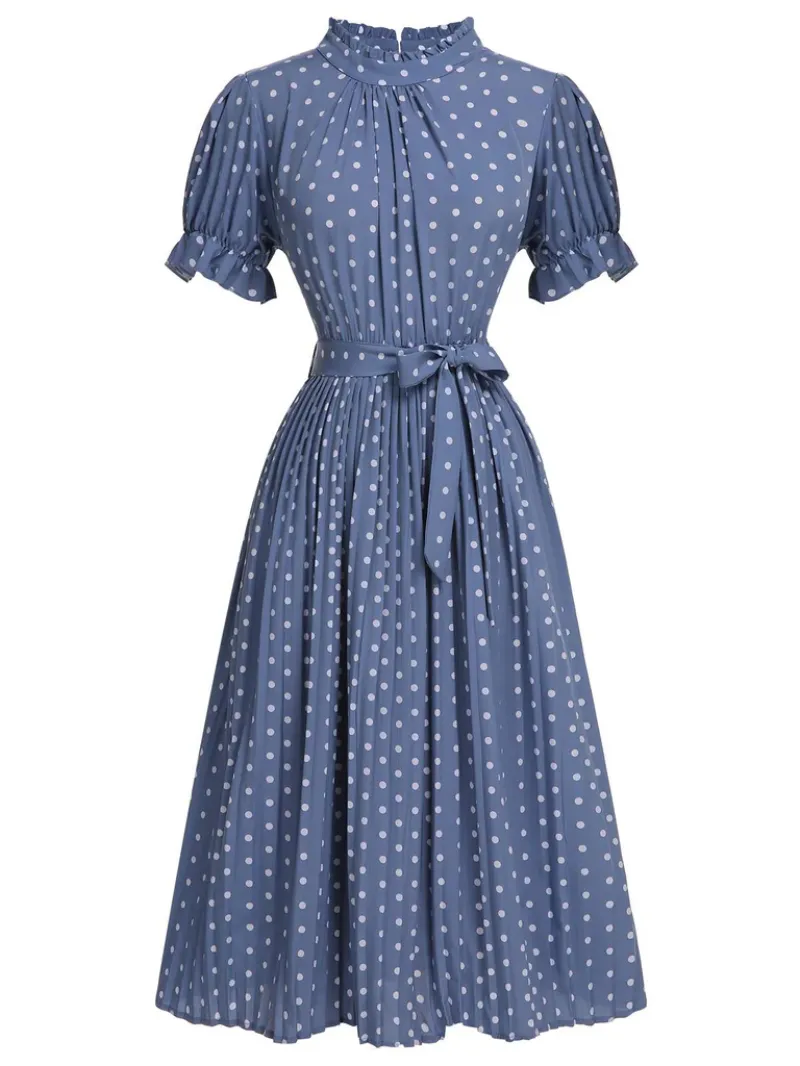 BLUE 1930S POLKA DOTS BOW TIE PLEATED DRESS