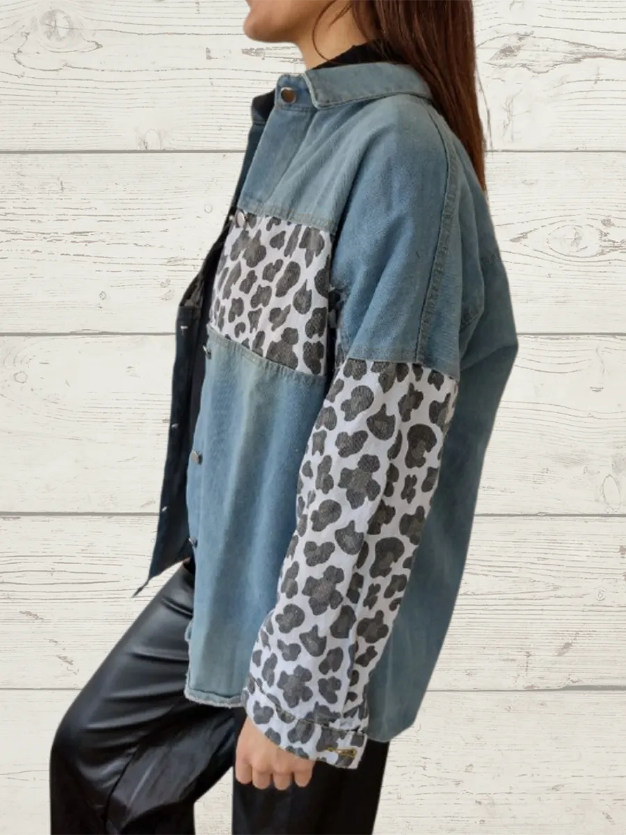 Women's Casual Elegant Leopard Denim Jacket