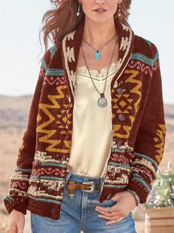 Western retro print knitted cardigan