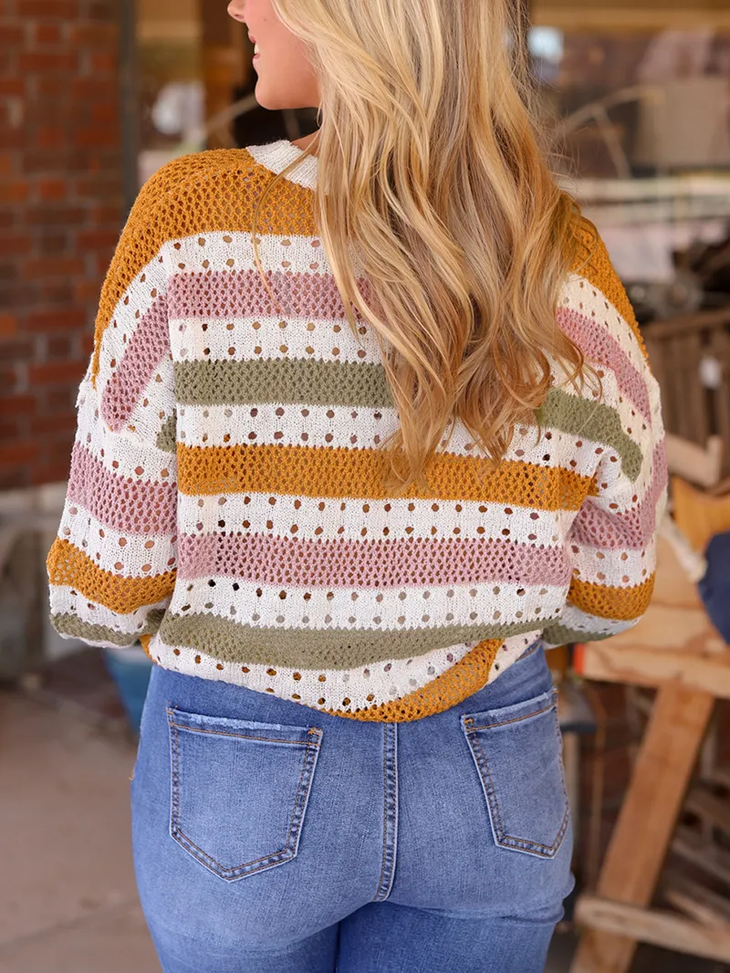 Multicolor Striped Hollowed Knitted Loose Sweater