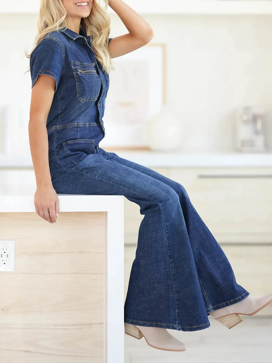 Dark washed short sleeved flared leg denim jumpsuit