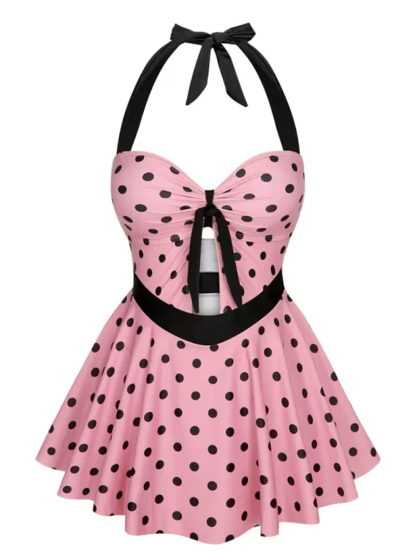 PINK 1950S HALTER POLKA DOTS ONE-PIECE SWIMSUIT