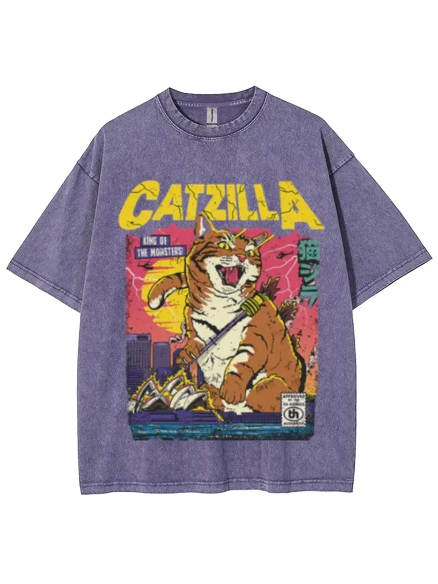 CATZILLA RETRO TITAN UNISEX VINTAGE SOLID WASH DENIM T-SHIRTS