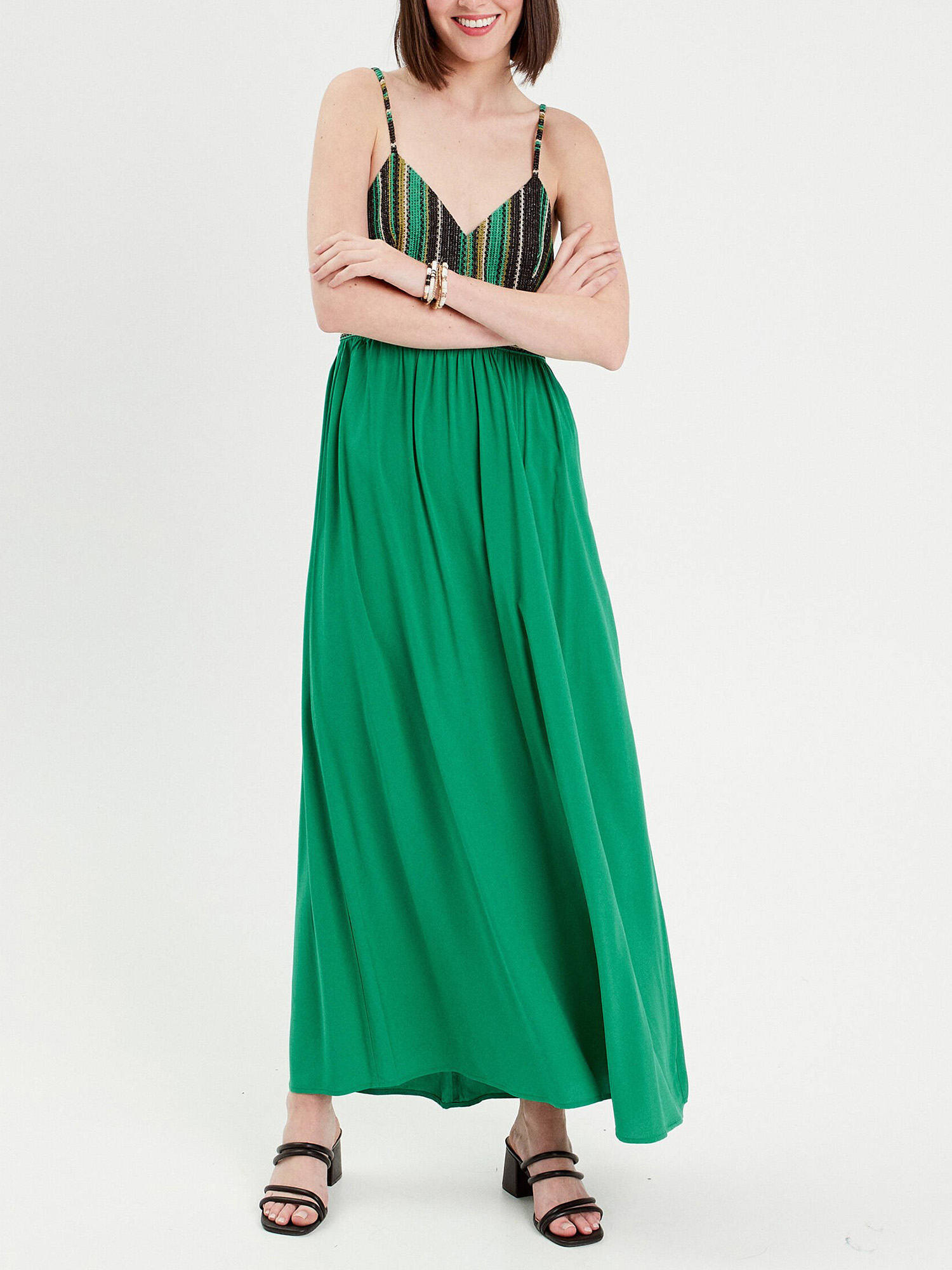 Robe longue empire bretelles vert menthe femme