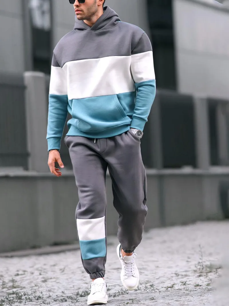 Men's Casual Patchwork Contrasting Sweatshirt Jogging Sportswear Suit