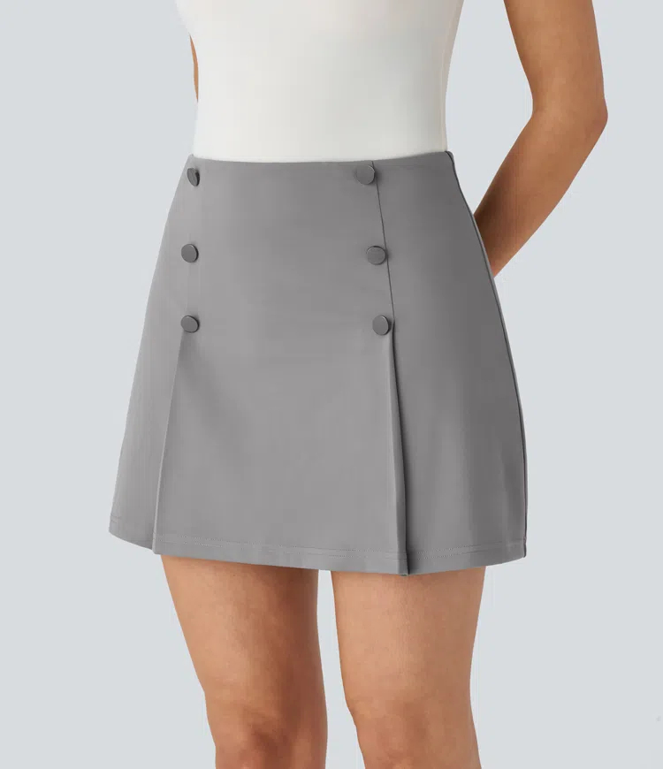 High Waisted Decorative Button 2-in-1 A Line Mini Work Skirt