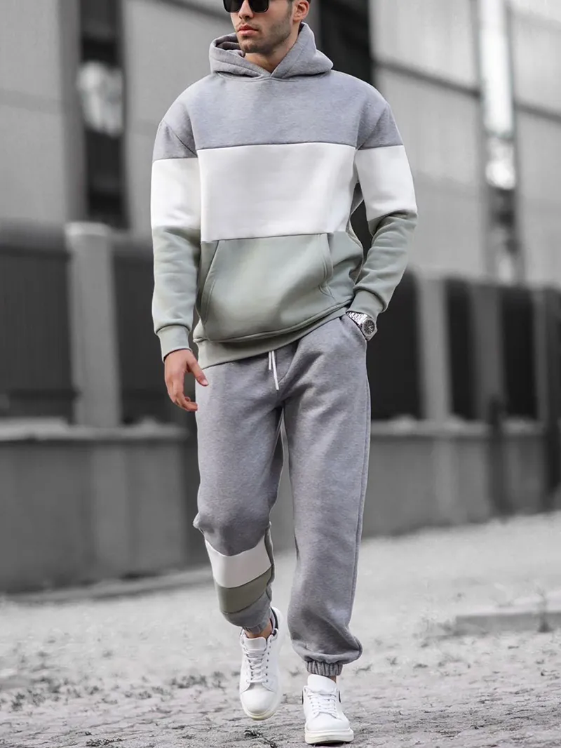 Men's Casual Patchwork Contrasting Sweatshirt Jogging Sportswear Suit