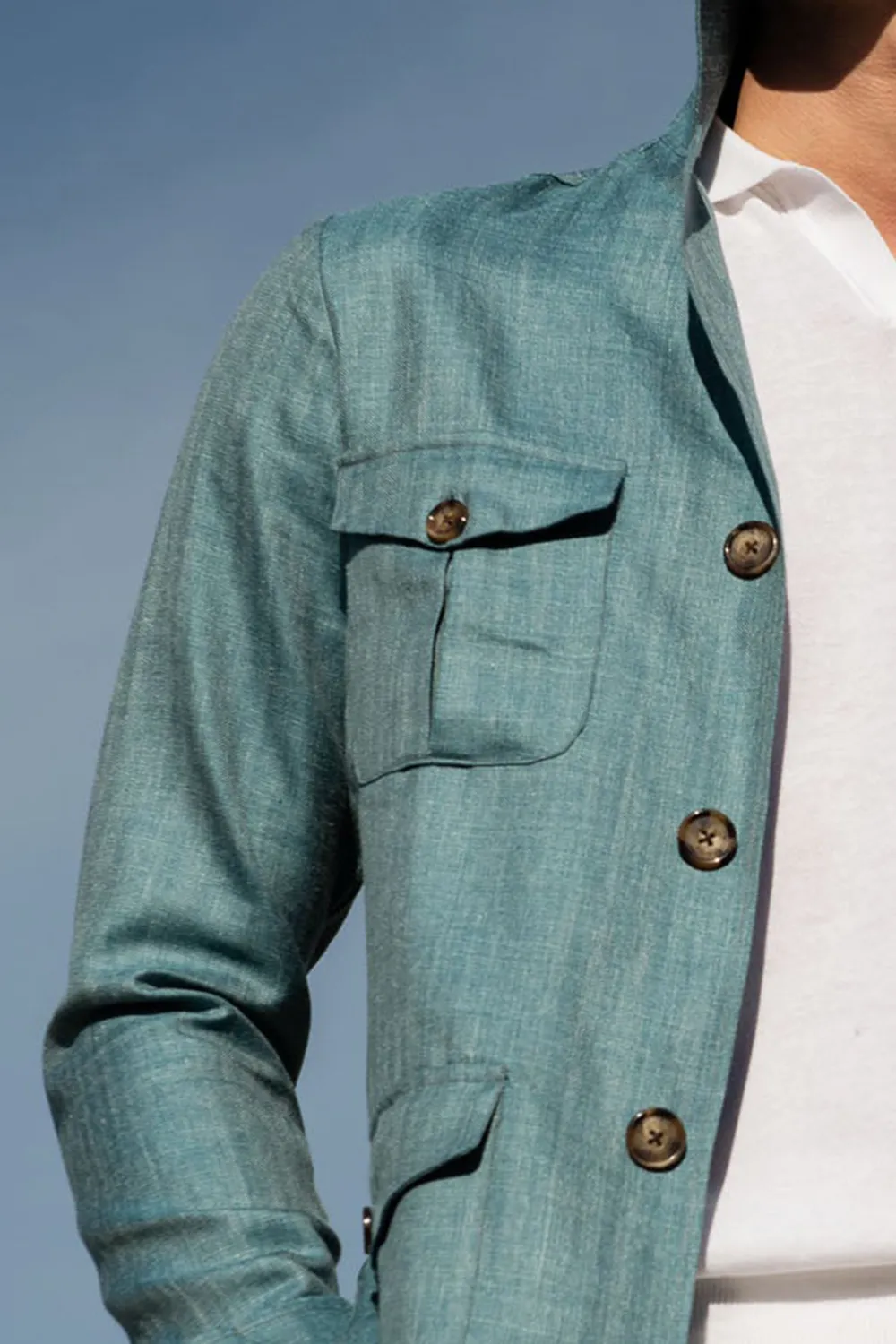 Water green Safari Jacket in Loro Piana wool silk and linen