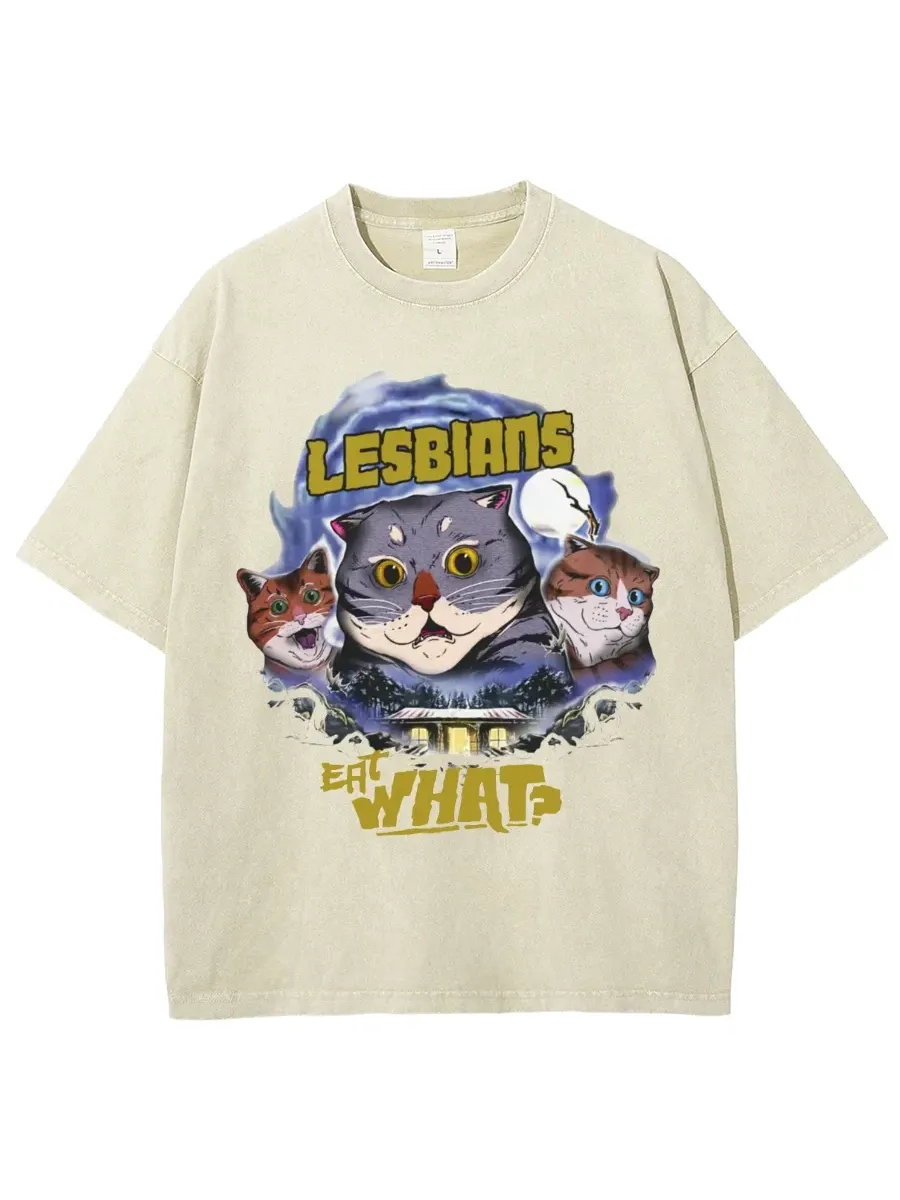 LESBIANS EAT WHAT? UNISEX OVERSIZED PRINT VINTAGE WASH DENIM T-SHIRT