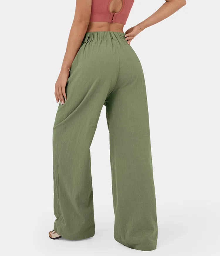 High Waisted Plicated Side Pocket Wide Leg Flowy Solid Palazzo Casual Pants
