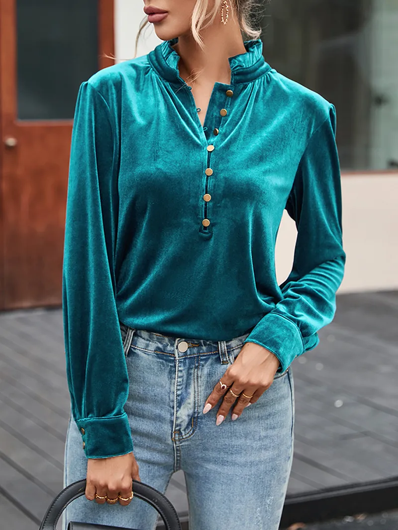 Suede metal button collar casual top