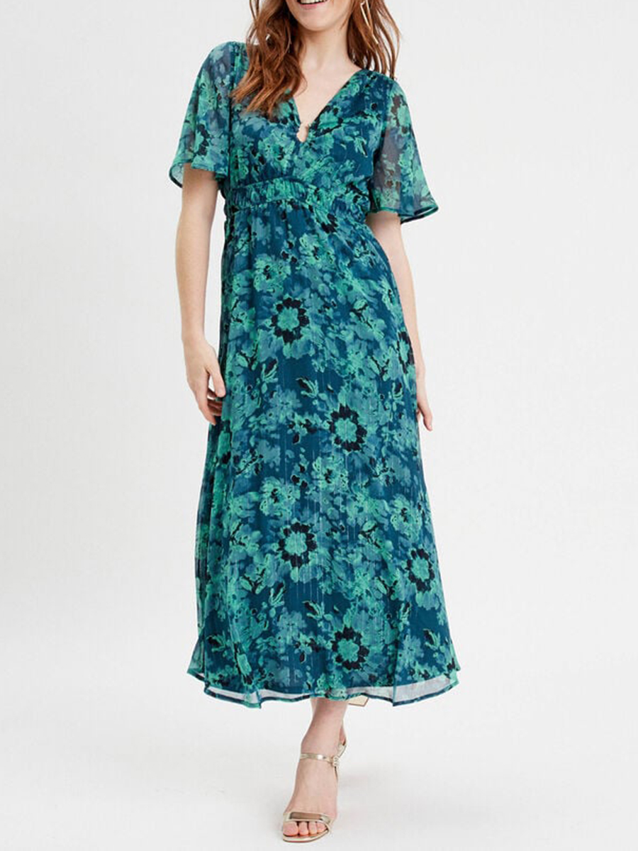 Robe longue évasée bleu femme