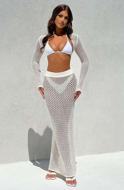 New Seaside Vacation Sunscreen Beach Skirt Sexy Hollow See-Through Long-Sleeved Knitted Suit