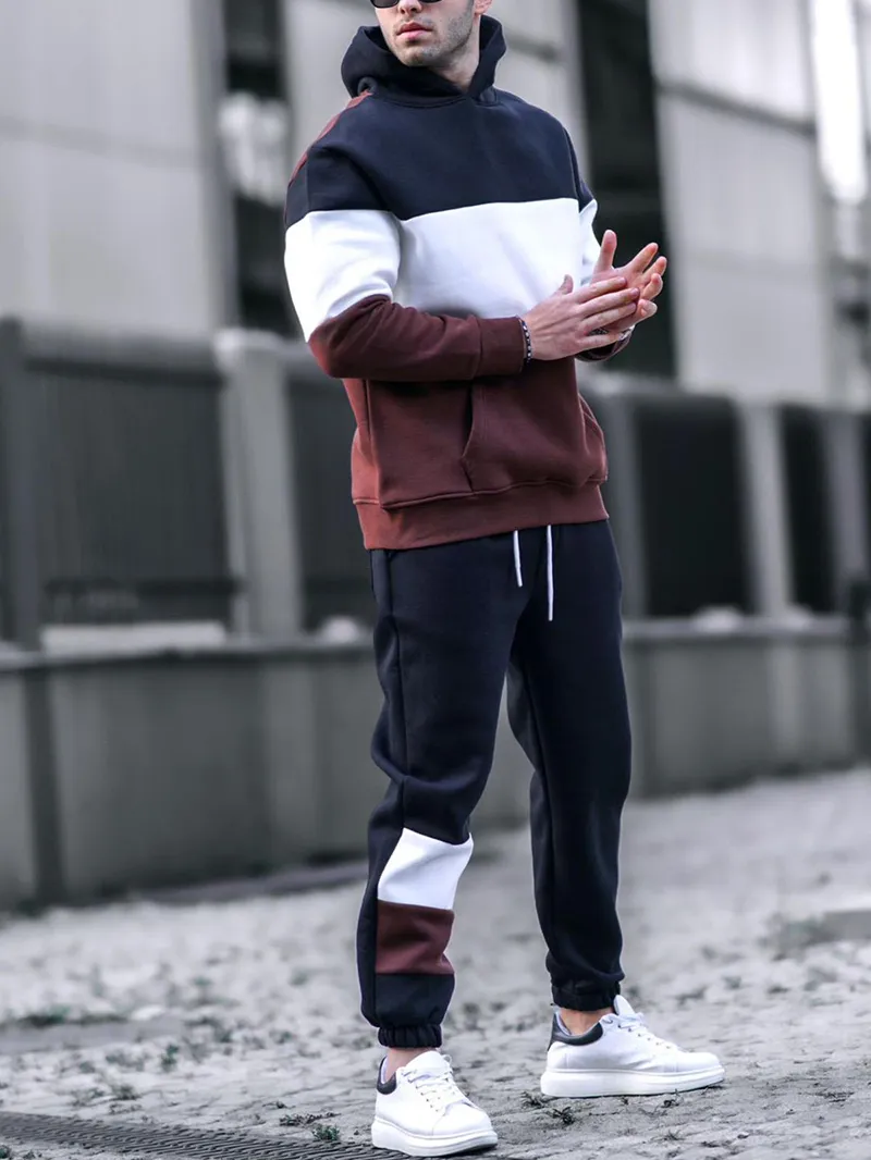 Men's Casual Patchwork Contrasting Sweatshirt Jogging Sportswear Suit