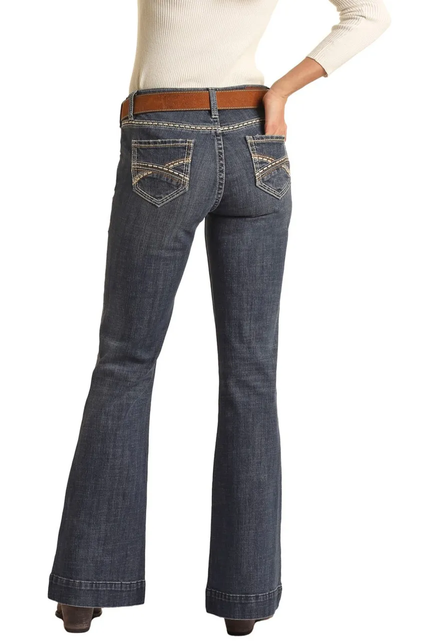 Simple women's mid-waist pocket line design details denim pants