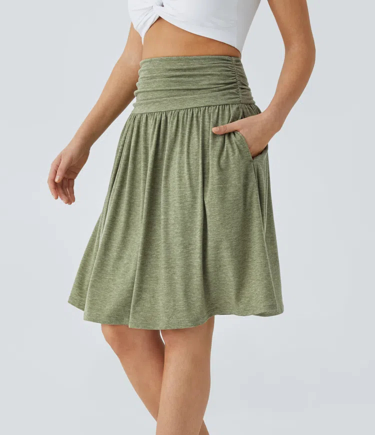 High Waisted Ruched Side Pocket Flowy Resort Skirt