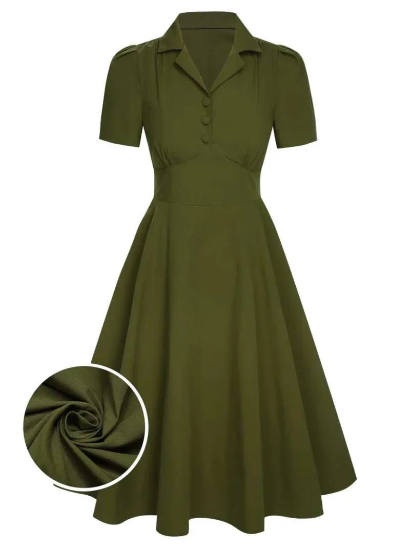 ARMY GREEN 1940S LAPEL BUTTONED SOLID DRESS