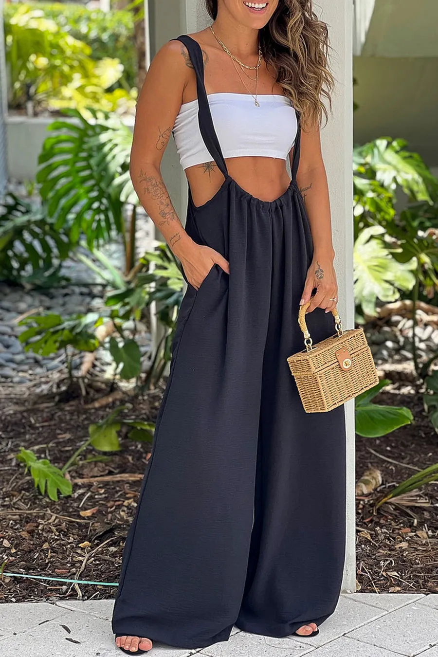 Black Jumpsuit With Pockets And Tie Back