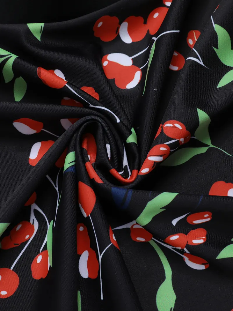 BLACK 1950S CHERRY BOW V-NECK SWIMSUIT