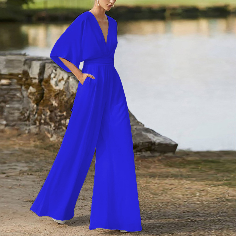 Deep V High Waisted Wide Leg Jumpsuit