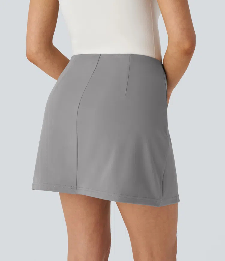 High Waisted Decorative Button 2-in-1 A Line Mini Work Skirt