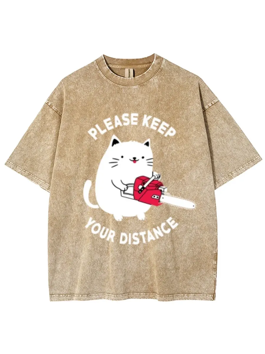 PLEASE KEEP YOUR DISTANCE UNISEX PRINTED RETRO WASHED SHORT SLEEVED T-SHIRT