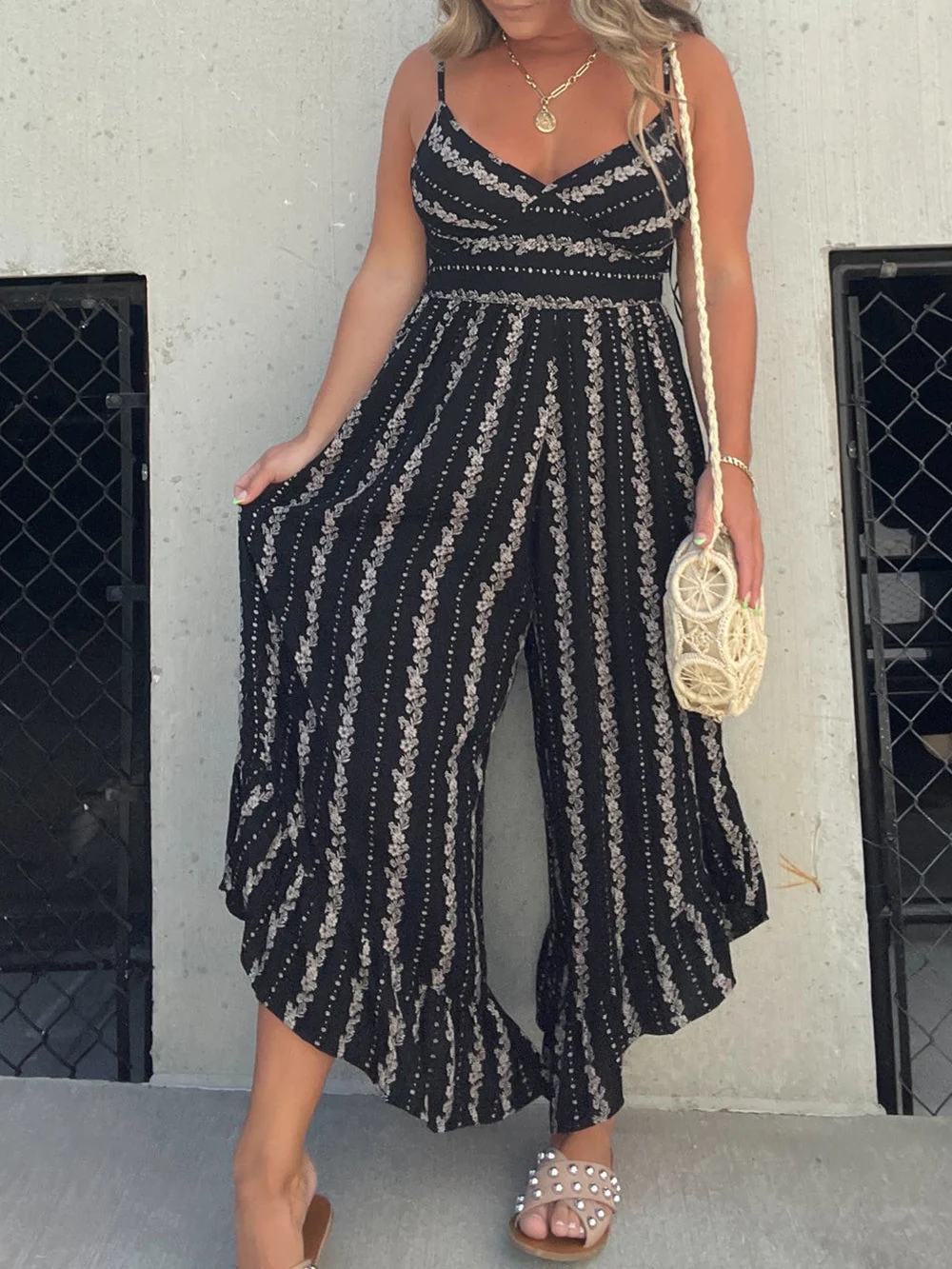 Fashionable printed wide leg camisole jumpsuit