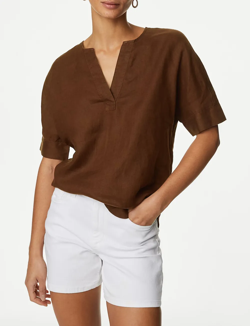 Pure Linen V-Neck Popover Blouse