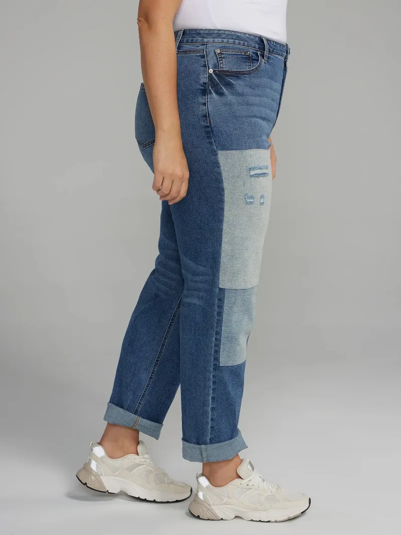 High Rise Patchwork Straight Leg Jeans