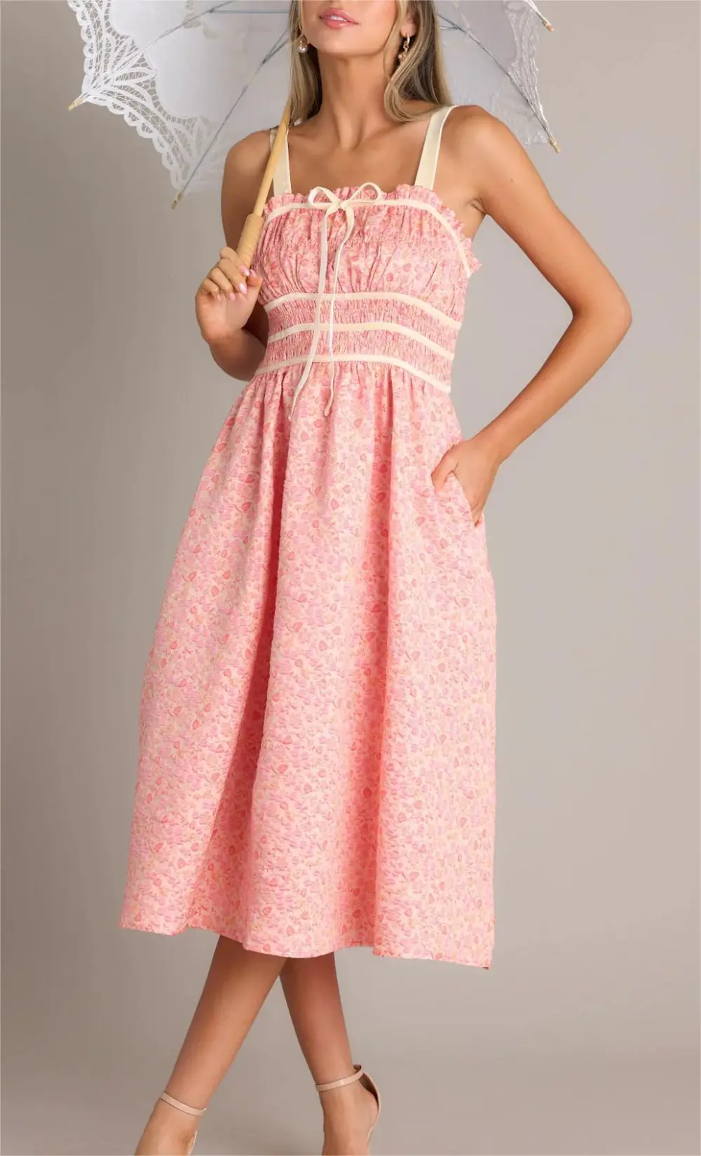 PETAL WALTZ PINK CORAL FLORAL JACQUARD MIDI DRESS