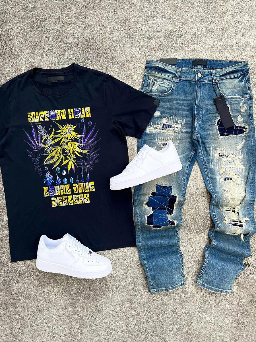 Local Dealer Tee Sewing Ripped Denim Two Piece Set