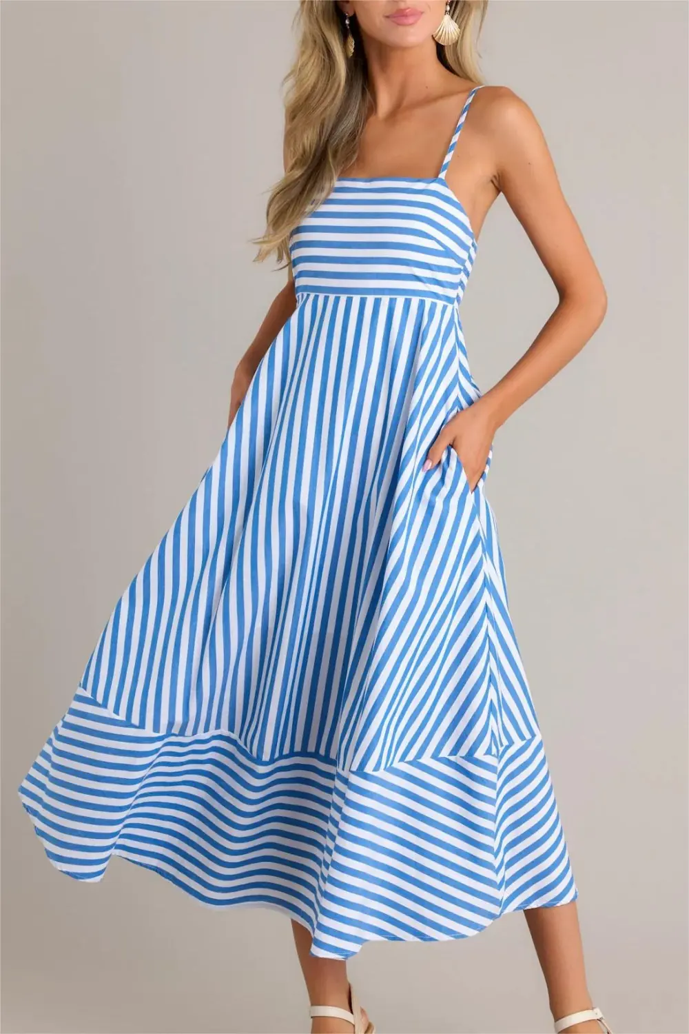 SERENE STUNNER 100% COTTON BLUE STRIPE MIDI DRESS