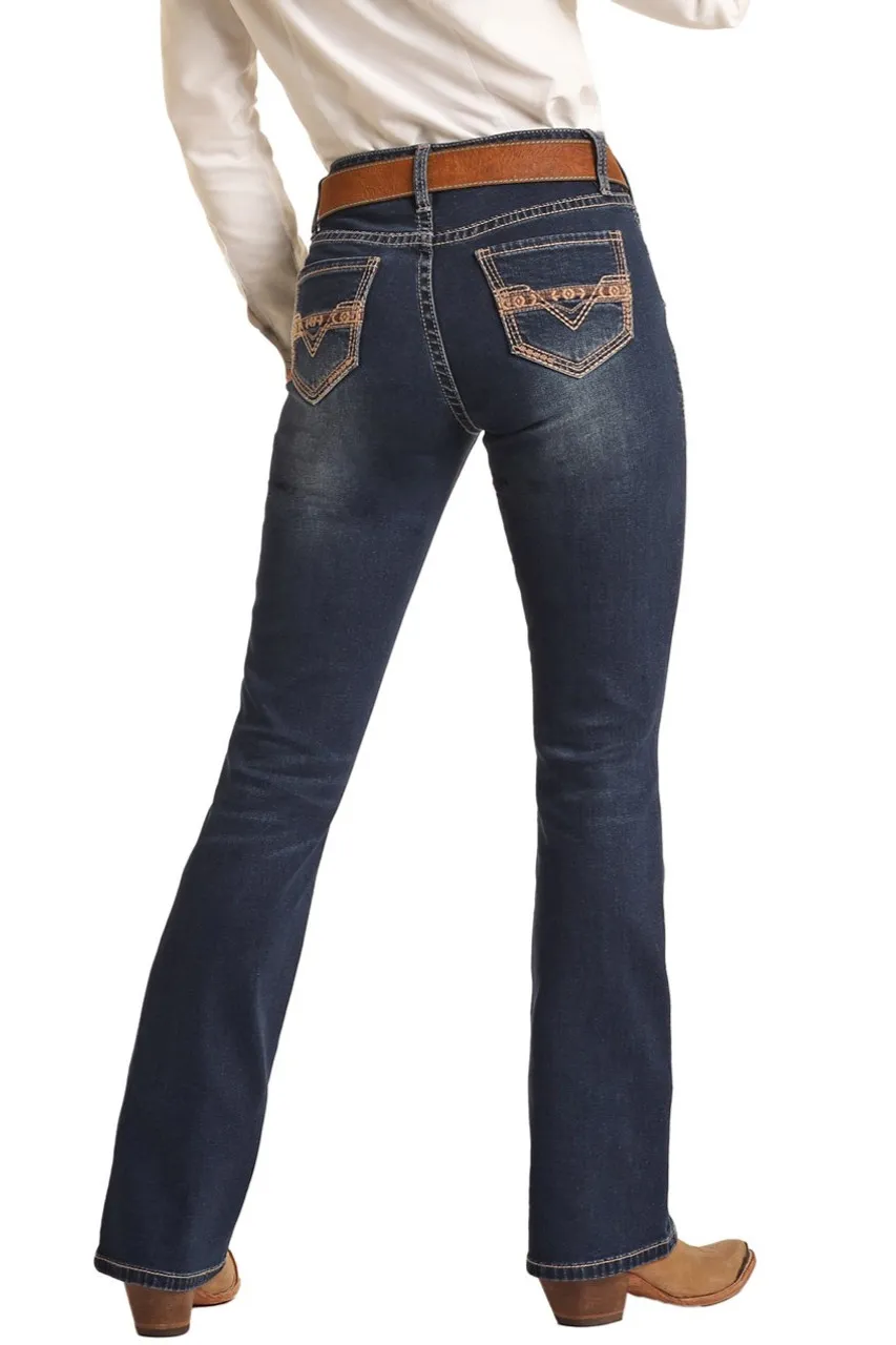 Simple women's mid-waist pocket line design details denim pants