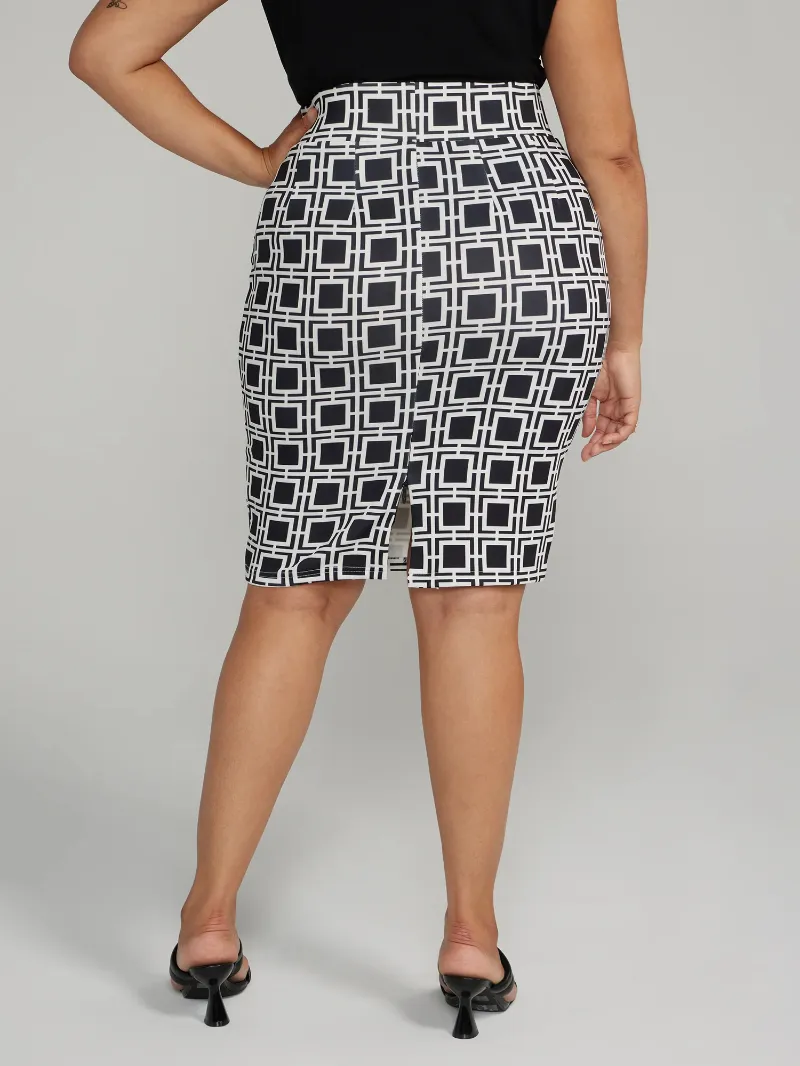 Windowpane Print Pencil Skirt