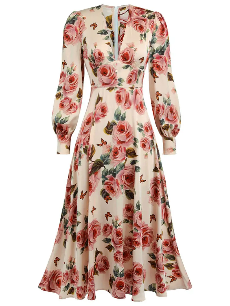 1940S ROSE V-NECK LONG SLEEVES DRESS