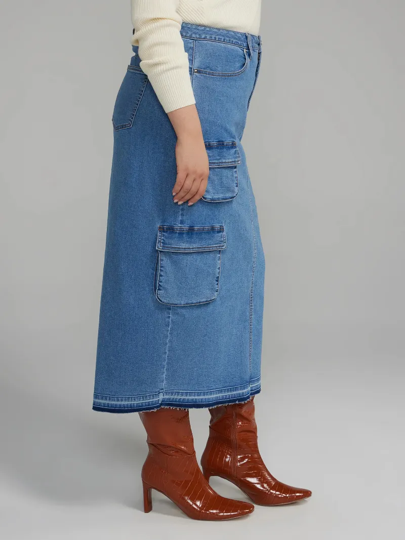 Cargo Denim Midi Skirt