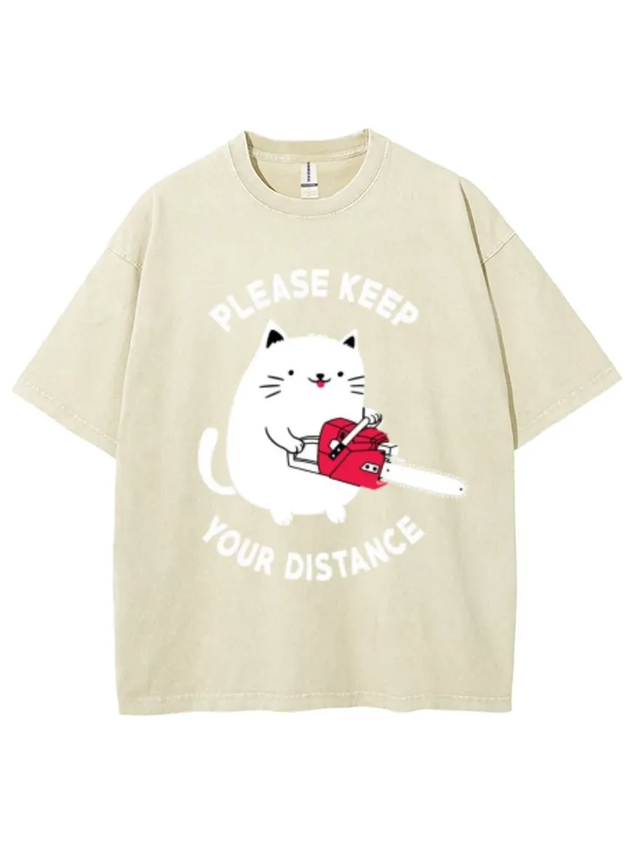 PLEASE KEEP YOUR DISTANCE UNISEX PRINTED RETRO WASHED SHORT SLEEVED T-SHIRT