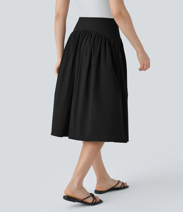 High Waisted Plicated Split Flowy Quick Dry Midi Resort Skirt