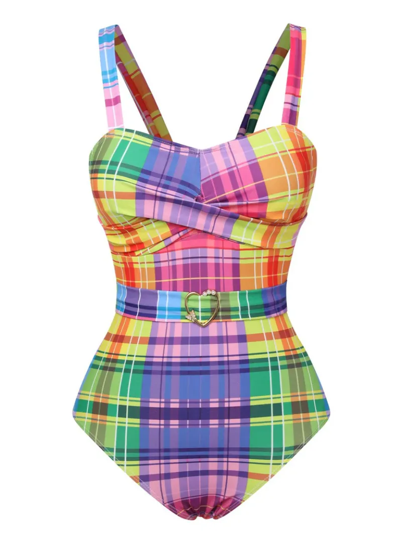 MULTICOLOR 1970S RAINBOW PLAID BOW SWIMSUIT