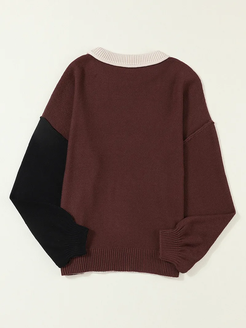 Coffee Colorblock Bishop Sleeve Ribbed Trim Sweater