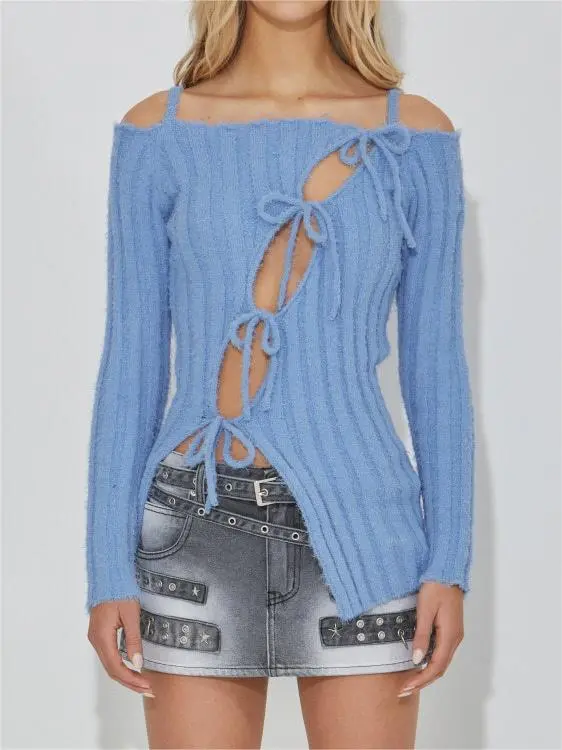 Knitted Cut-out Lace-up Sweater