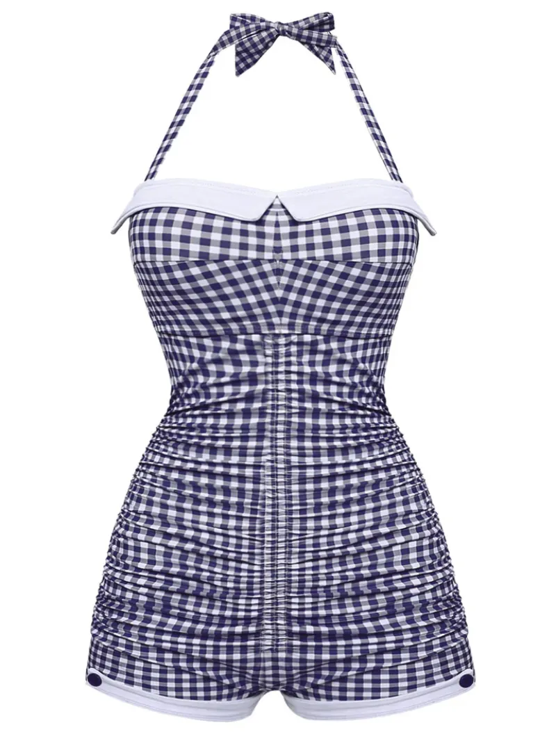 CHECKED 1950S HALTER BOWKNOT ONE-PIECE SWIMSUIT