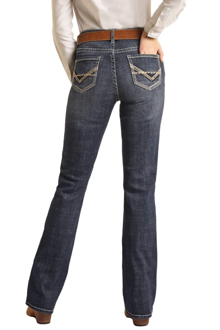 Simple women's mid-waist pocket line design details denim pants