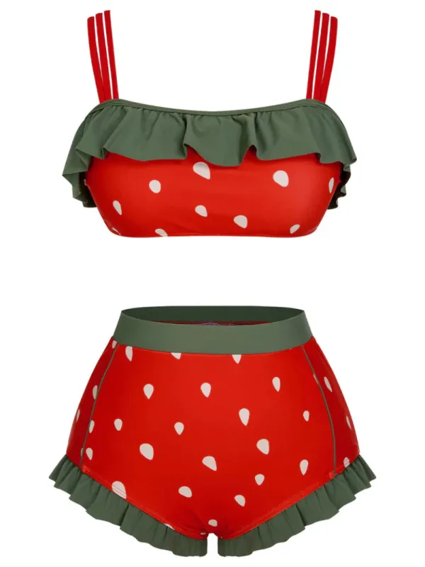 RED 1950S STRAWBERRY RUFFLE STRAP SWIMSUIT