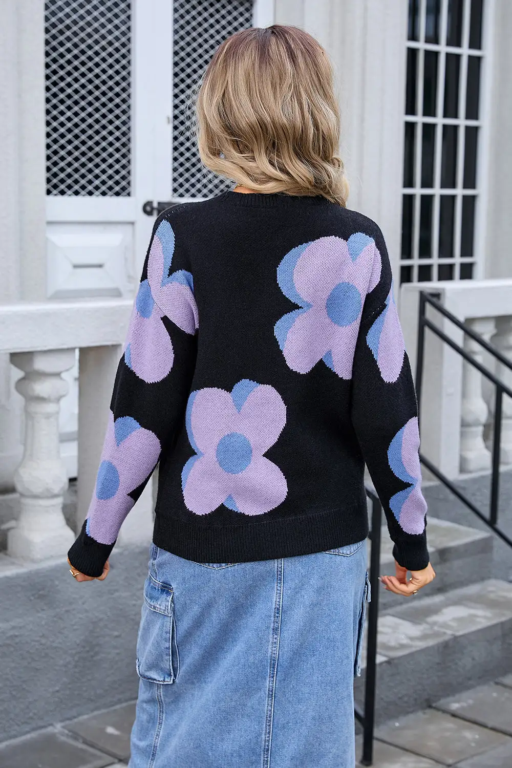 Printed Round Neck Big Flower Sweater